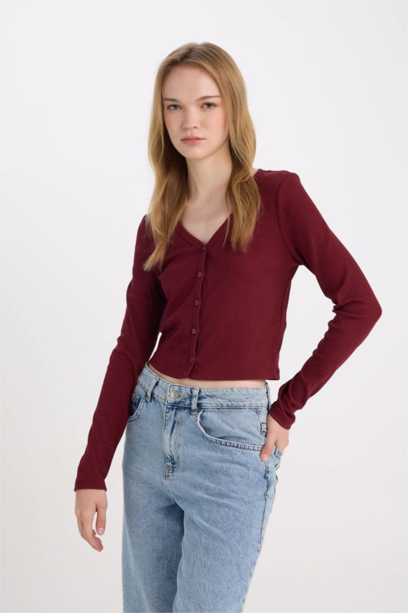 FEMME Bordeaux Cardigan Slim basique à col en V