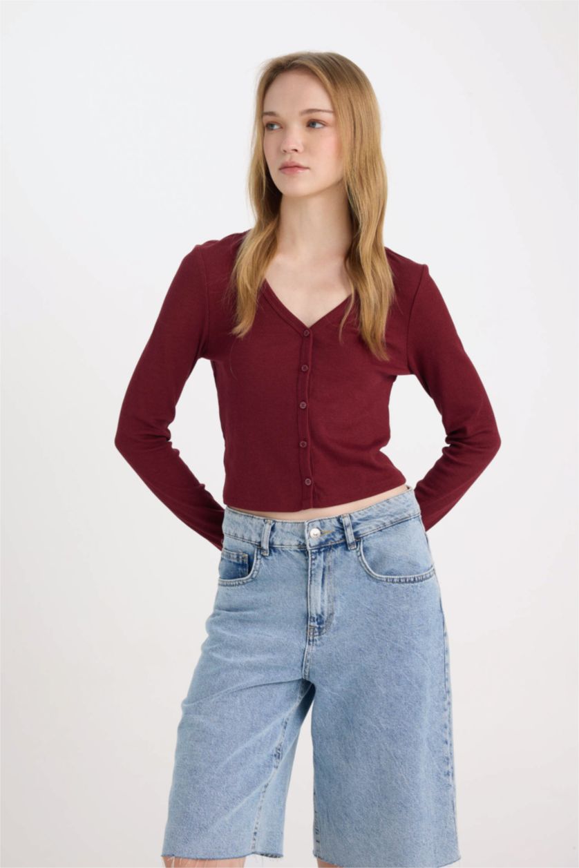 FEMME Bordeaux Cardigan Slim basique à col en V