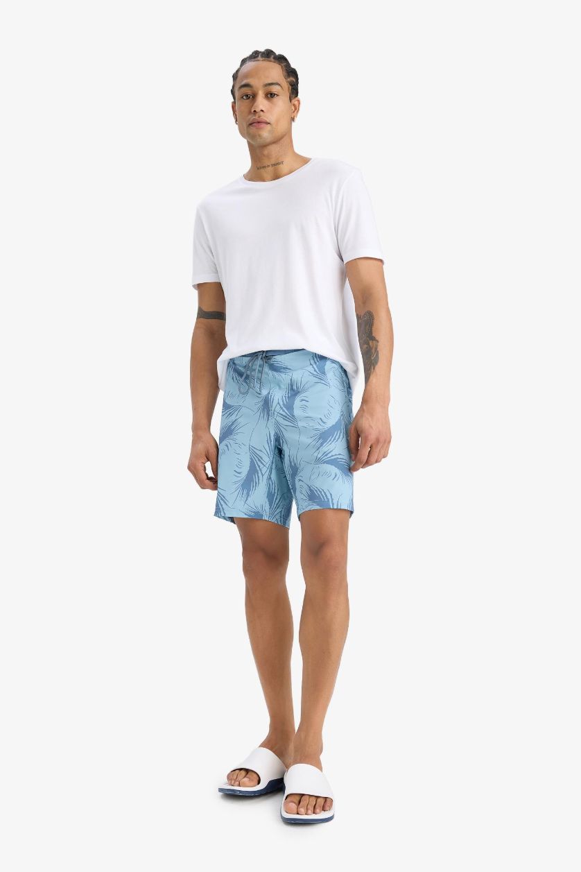 Erkek Mavi Regular Fit Desenli Esnek Dokulu Deniz Şortu