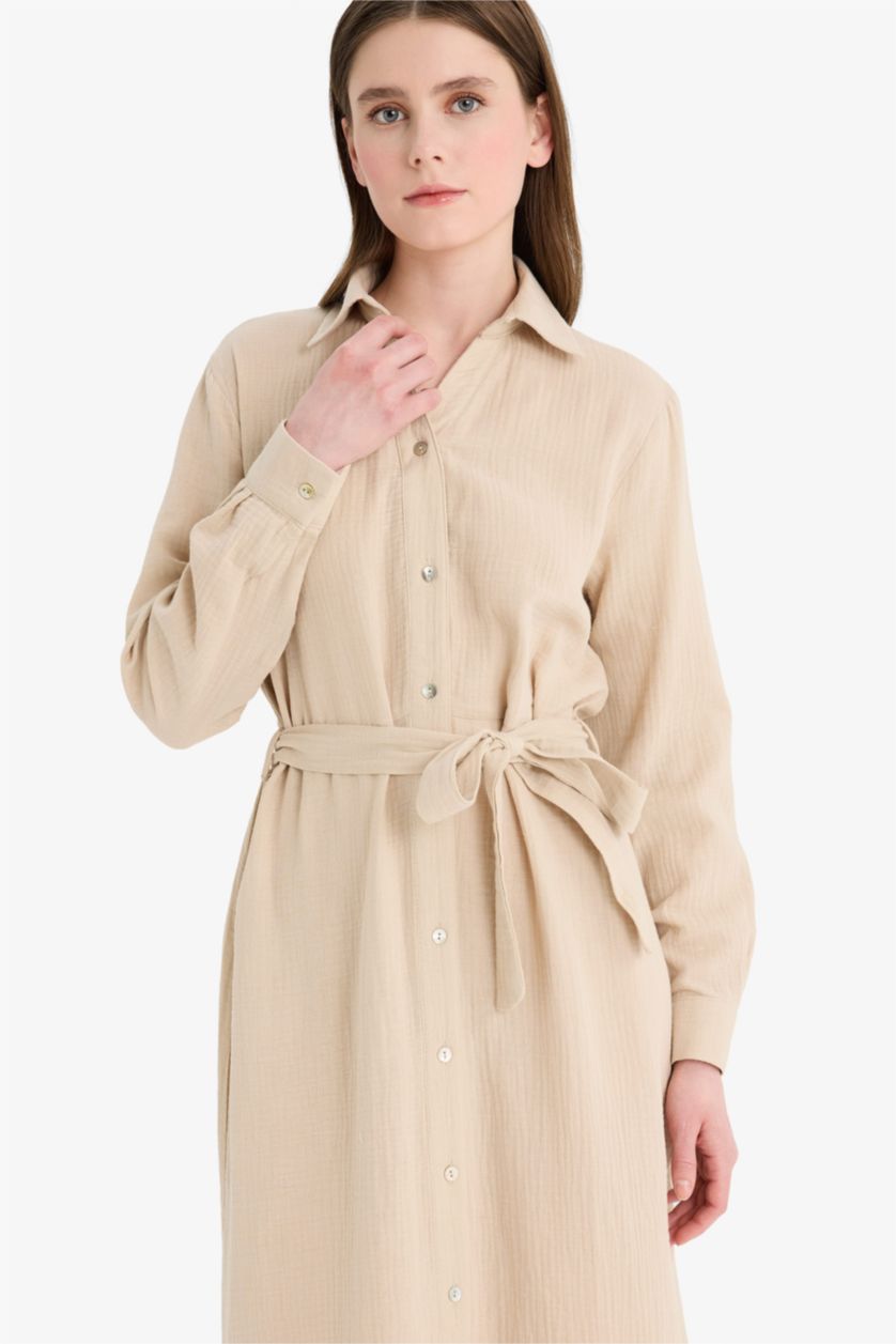 نساء اللون الرملي فستان ردن طويل موسلين بياخة قميص