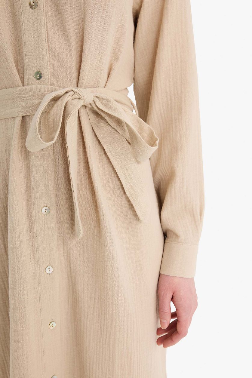 نساء اللون الرملي فستان ردن طويل موسلين بياخة قميص