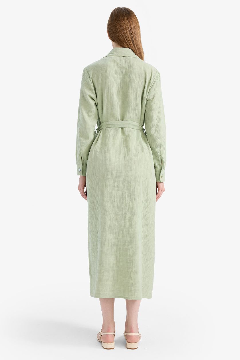 حريمي أخضر فاتح فستان كم طويل موسلين بياقة قميص