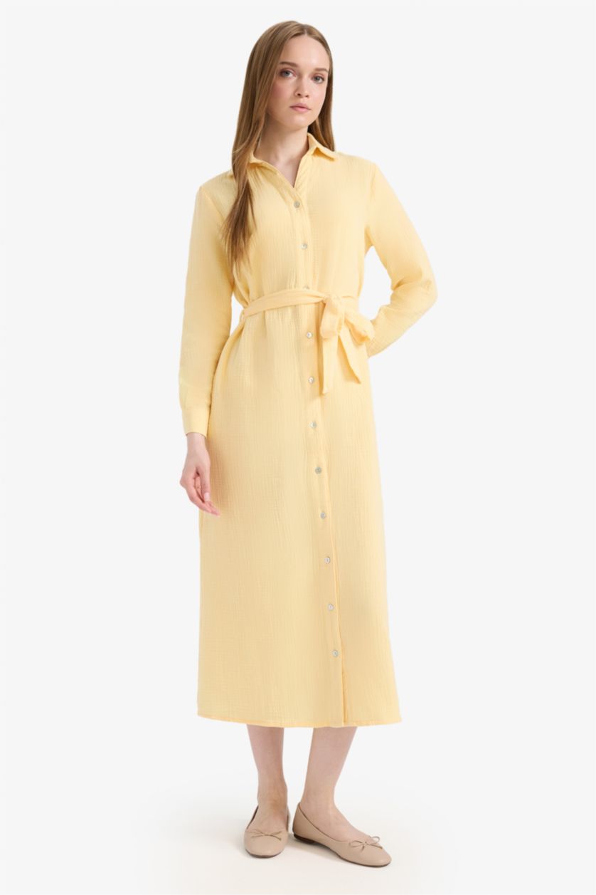 Woman Light Yellow Shirt Collar Muslin Dress