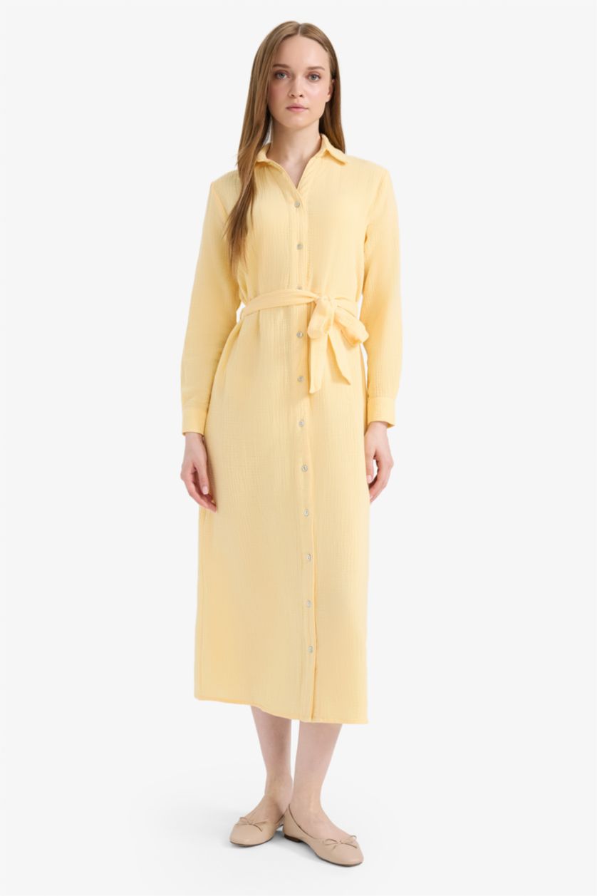 Woman Light Yellow Shirt Collar Muslin Dress