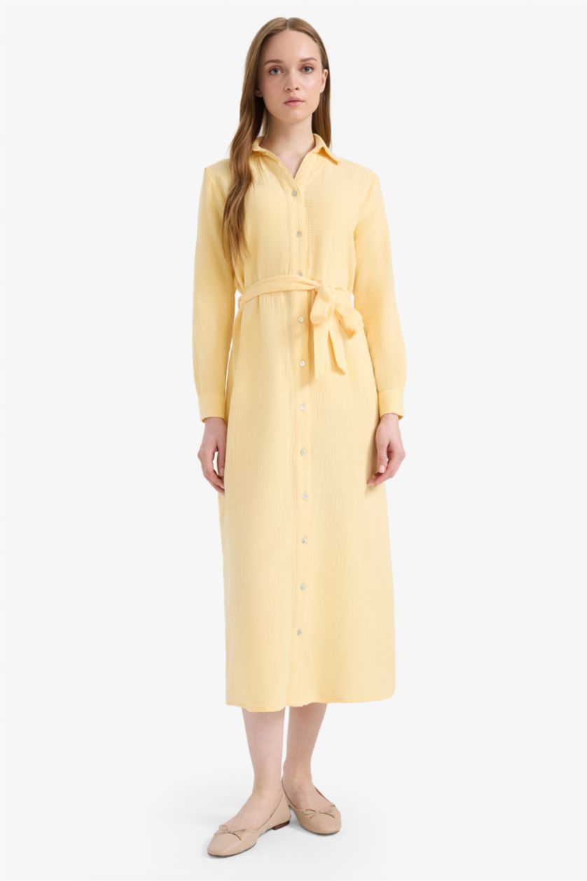 Woman Light Yellow Shirt Collar Muslin Dress