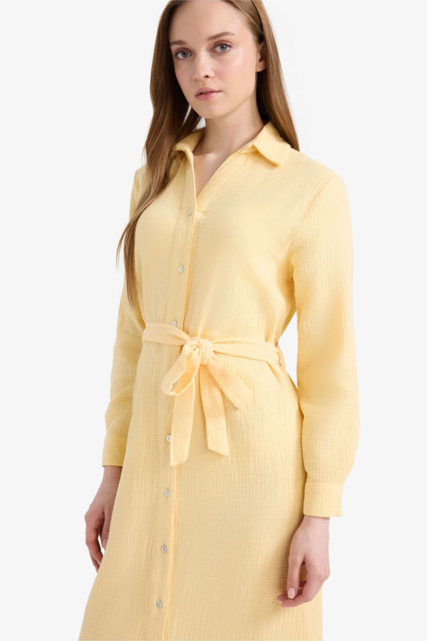 Woman Light Yellow Shirt Collar Muslin Dress