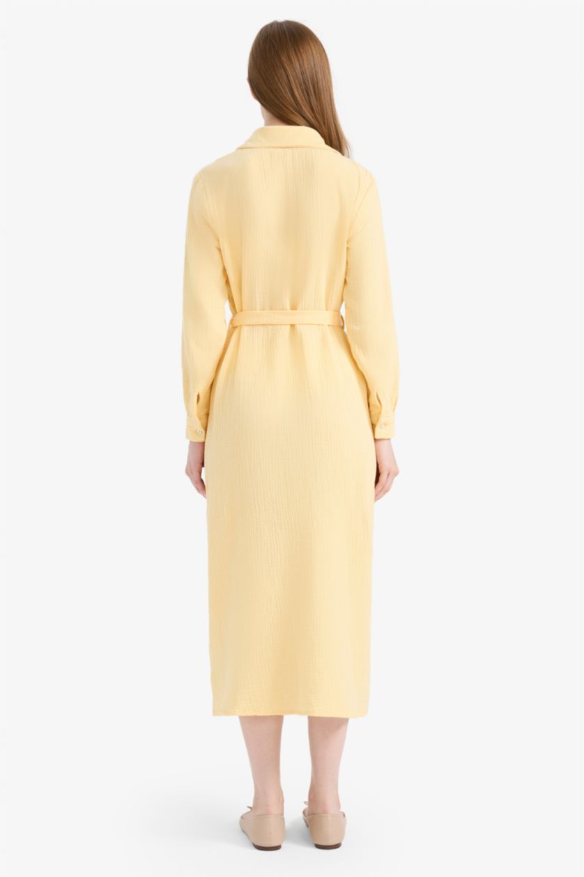 Woman Light Yellow Shirt Collar Muslin Dress