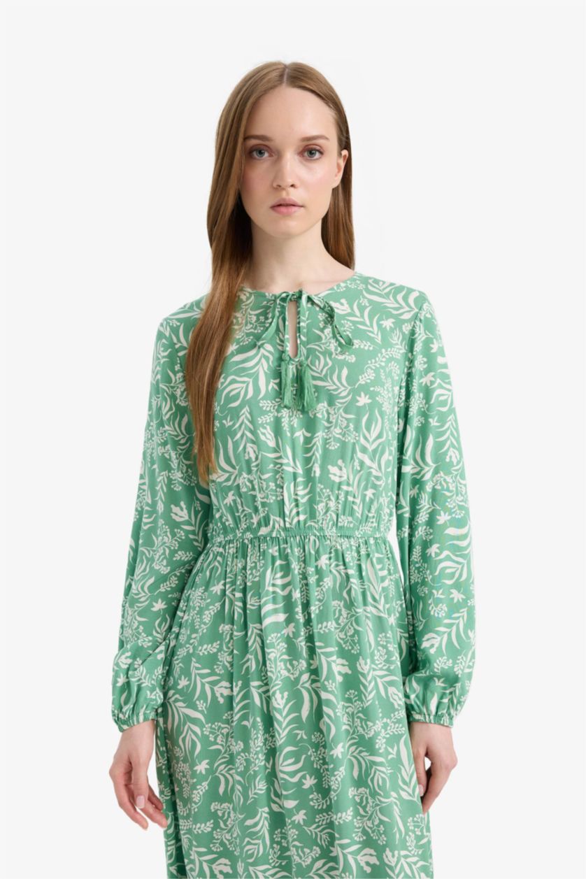 حريمي أخضر فستان كم طويل مطبوع فيسكوز بياقة مستديرة