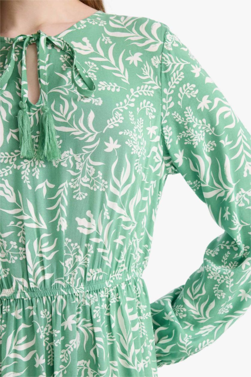 حريمي أخضر فستان كم طويل مطبوع فيسكوز بياقة مستديرة