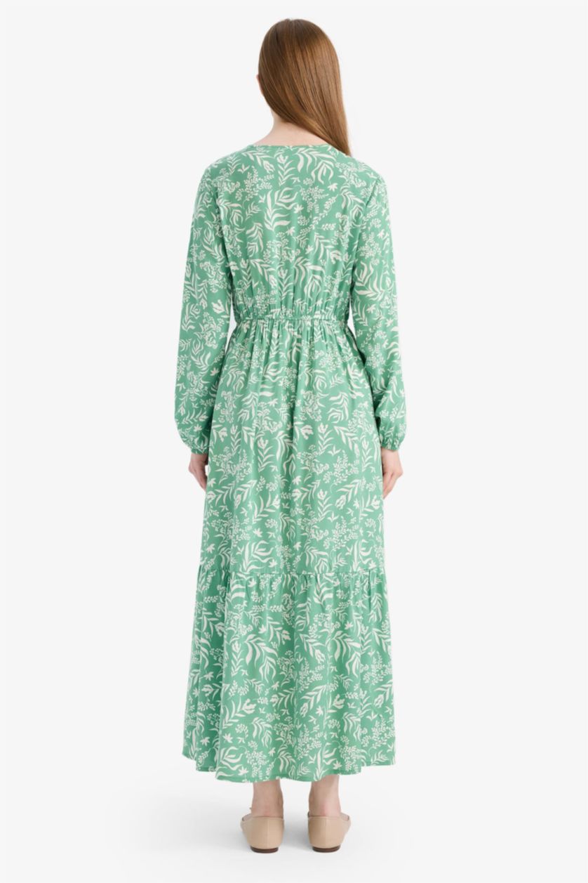 حريمي أخضر فستان كم طويل مطبوع فيسكوز بياقة مستديرة