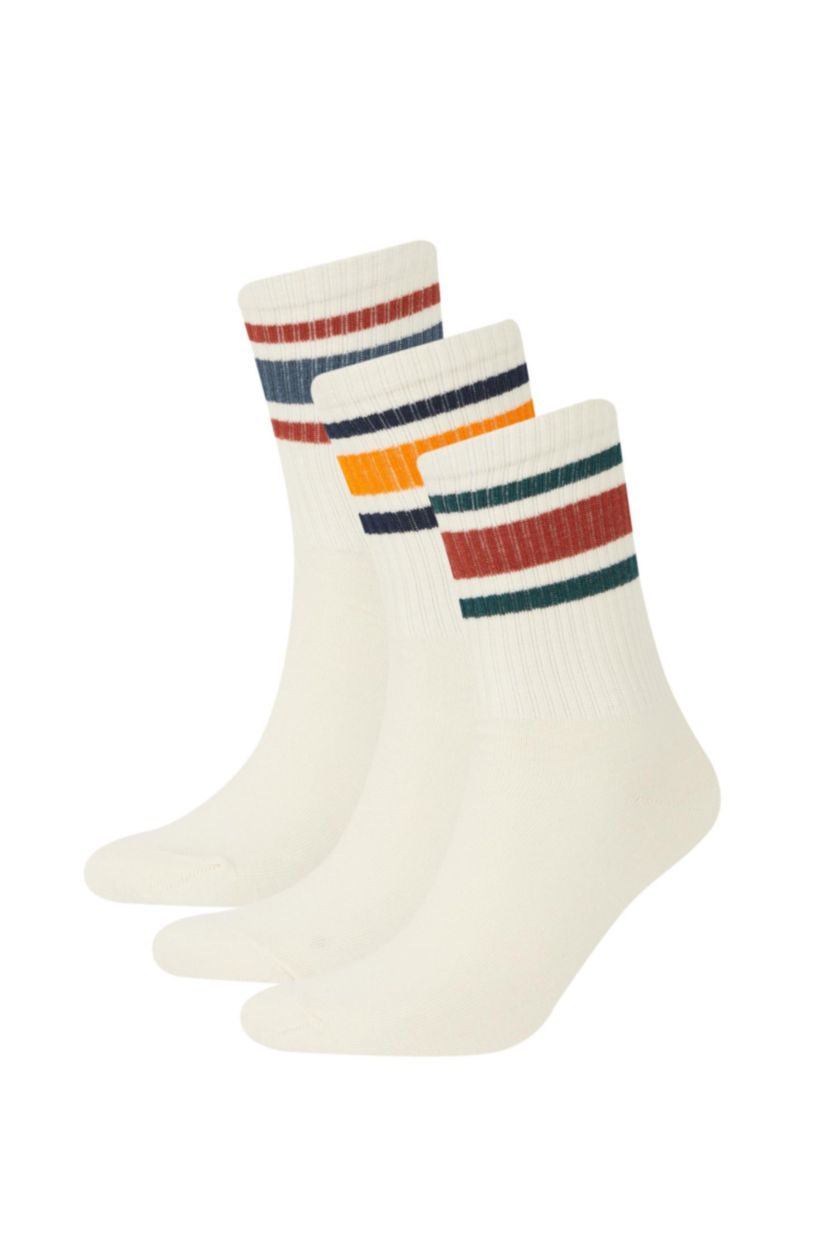 Erkek Beyaz Erkek Rahat Lastikli 3'lü Pamuklu Uzun Çorap