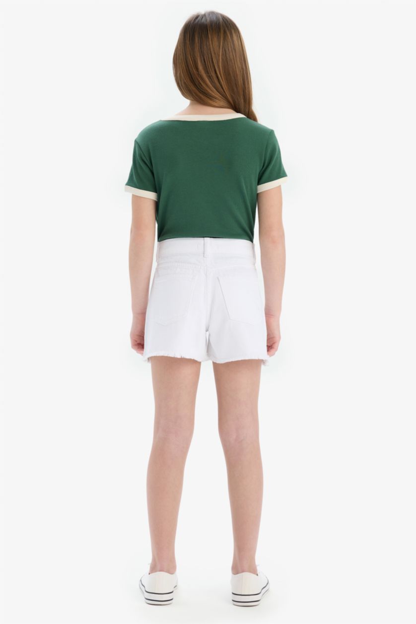 Kız Çocuk - Genç Kız Beyaz Yırtık Detaylı Pamuklu Jean Şort Kız Çocuk