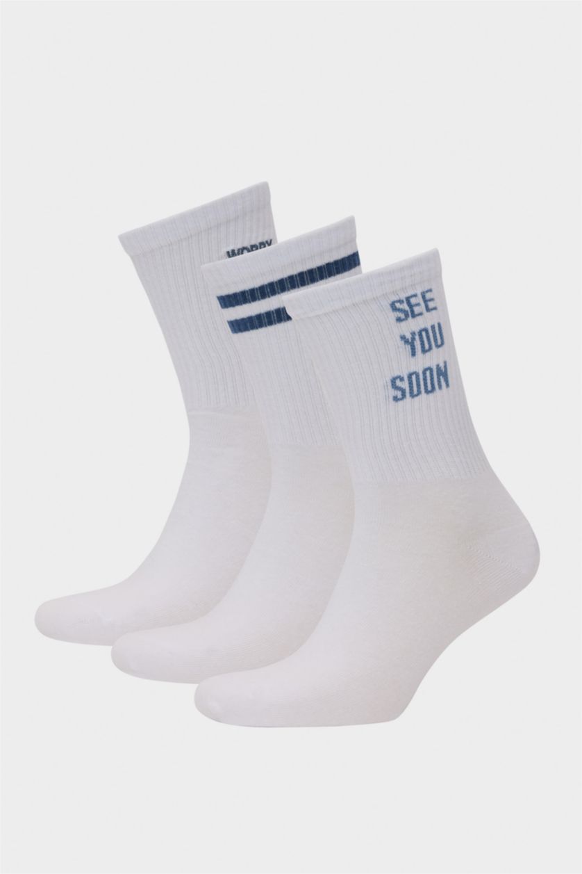Erkek Beyaz Erkek Rahat Lastikli 3'lü Pamuklu Uzun Çorap
