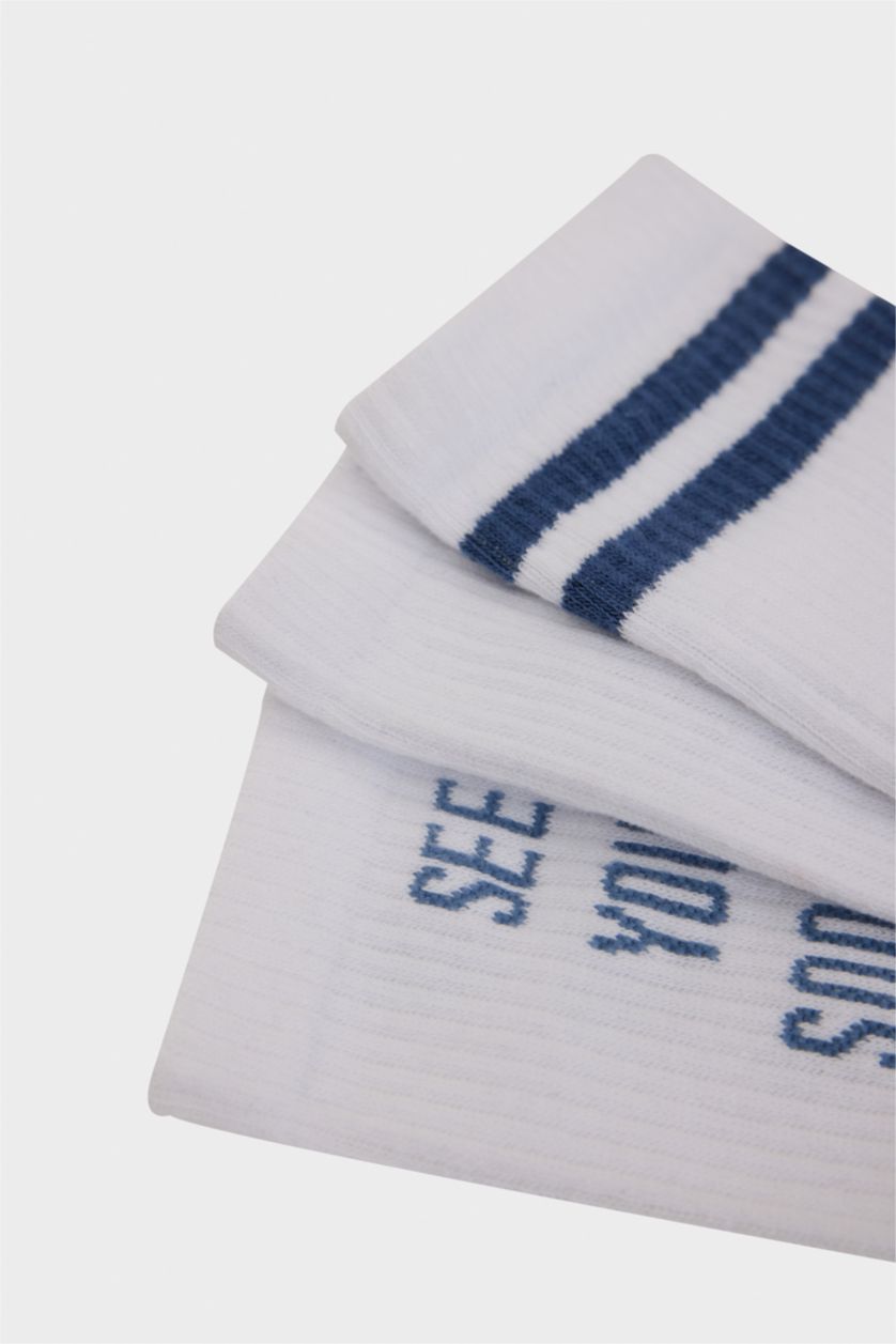 Erkek Beyaz Erkek Rahat Lastikli 3'lü Pamuklu Uzun Çorap