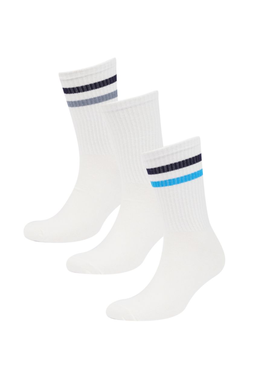 Erkek Beyaz Erkek Rahat Lastikli 3'lü Pamuklu Uzun Çorap