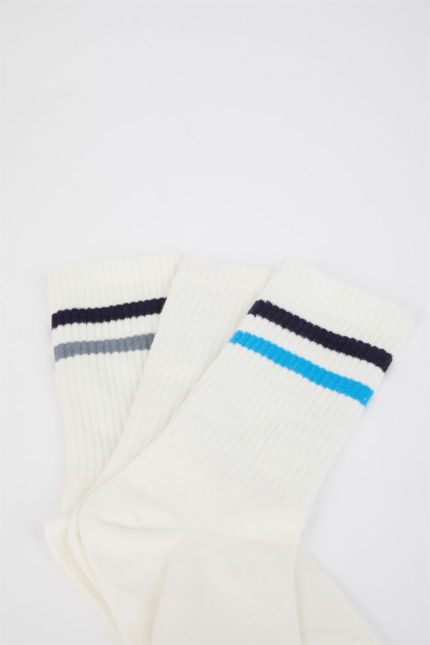 Erkek Beyaz Erkek Rahat Lastikli 3'lü Pamuklu Uzun Çorap