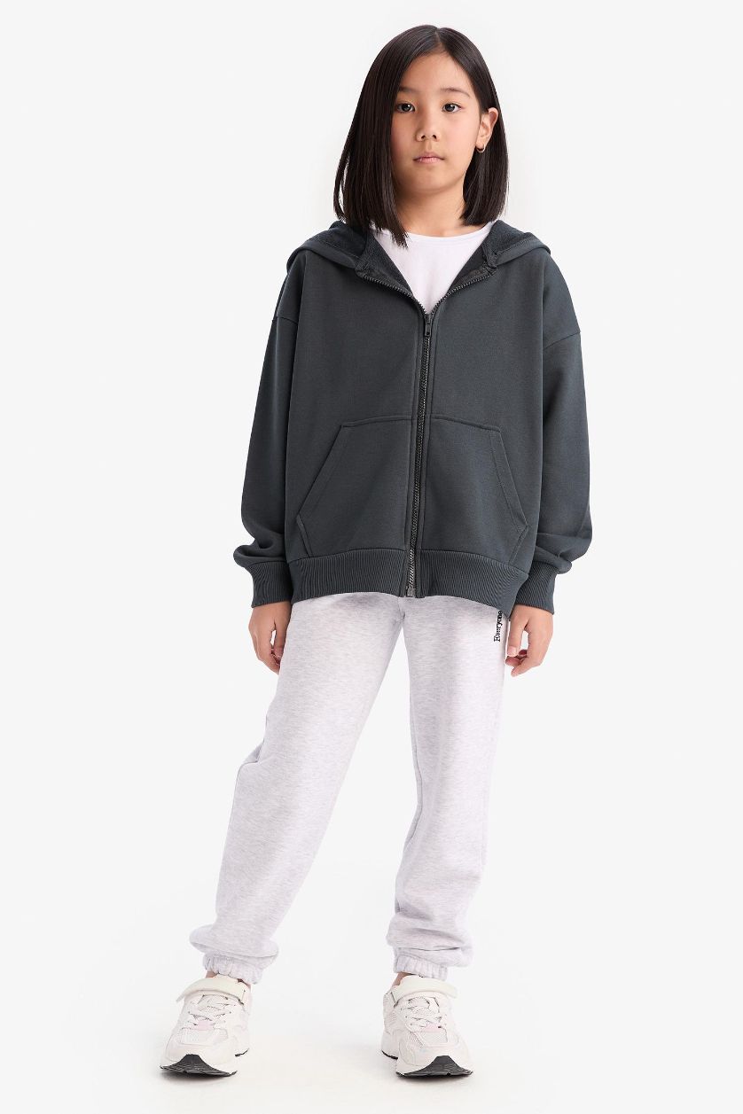 Girls & Teens Light Grey Melange Girl Printed Elastic Waist Leg Jogger Sweatpants