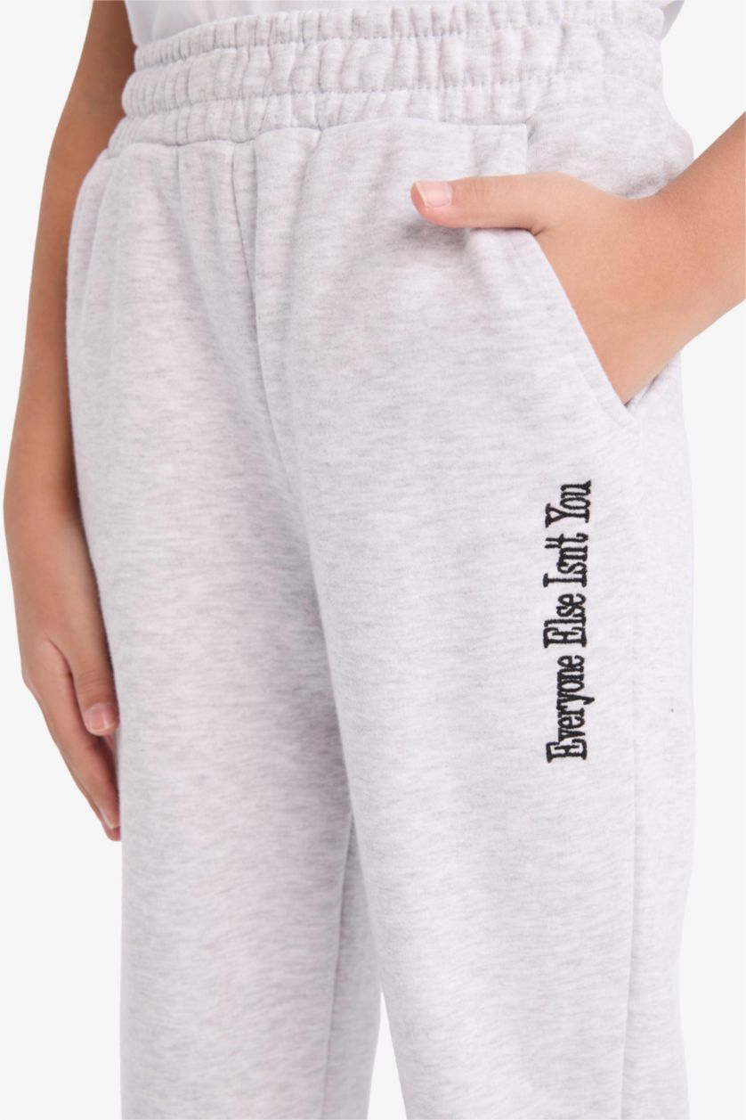 Girls & Teens Light Grey Melange Girl Printed Elastic Waist Leg Jogger Sweatpants
