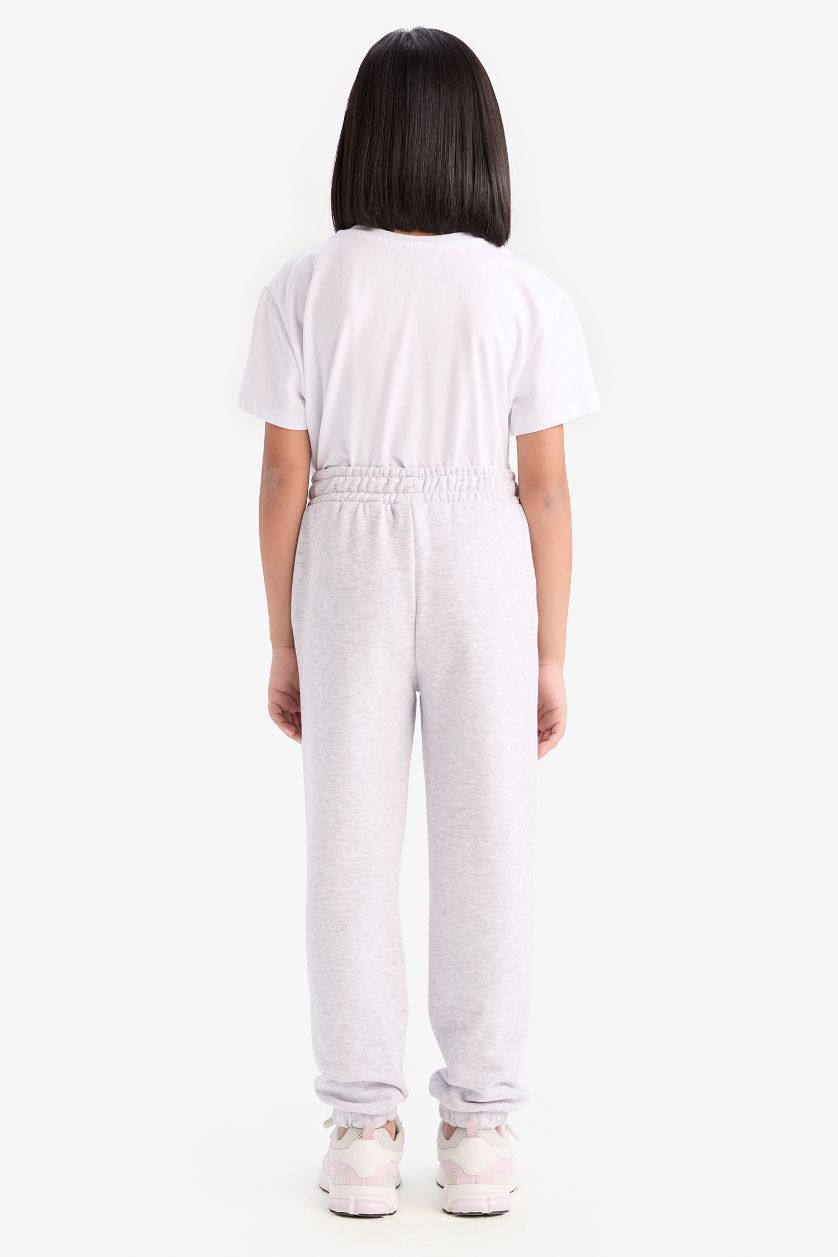 Girls & Teens Light Grey Melange Girl Printed Elastic Waist Leg Jogger Sweatpants