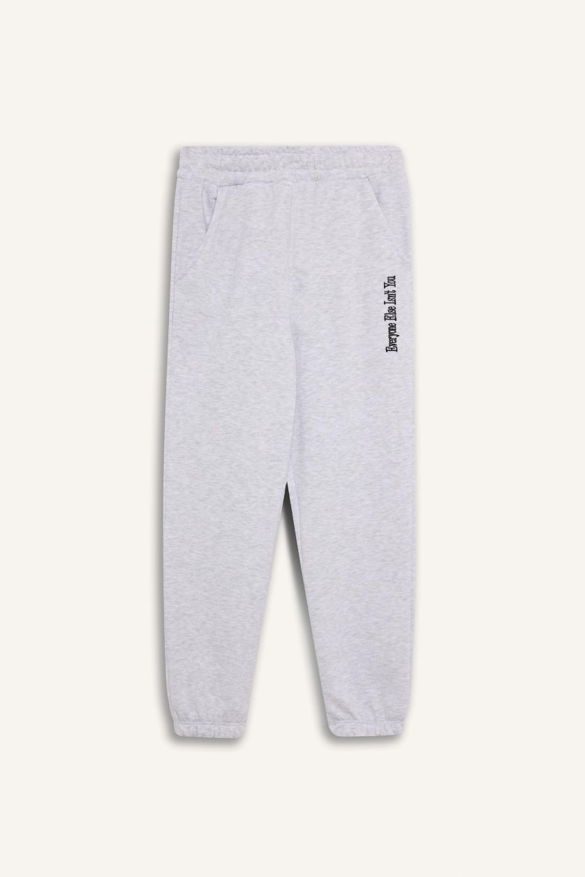 Girls & Teens Light Grey Melange Girl Printed Elastic Waist Leg Jogger Sweatpants