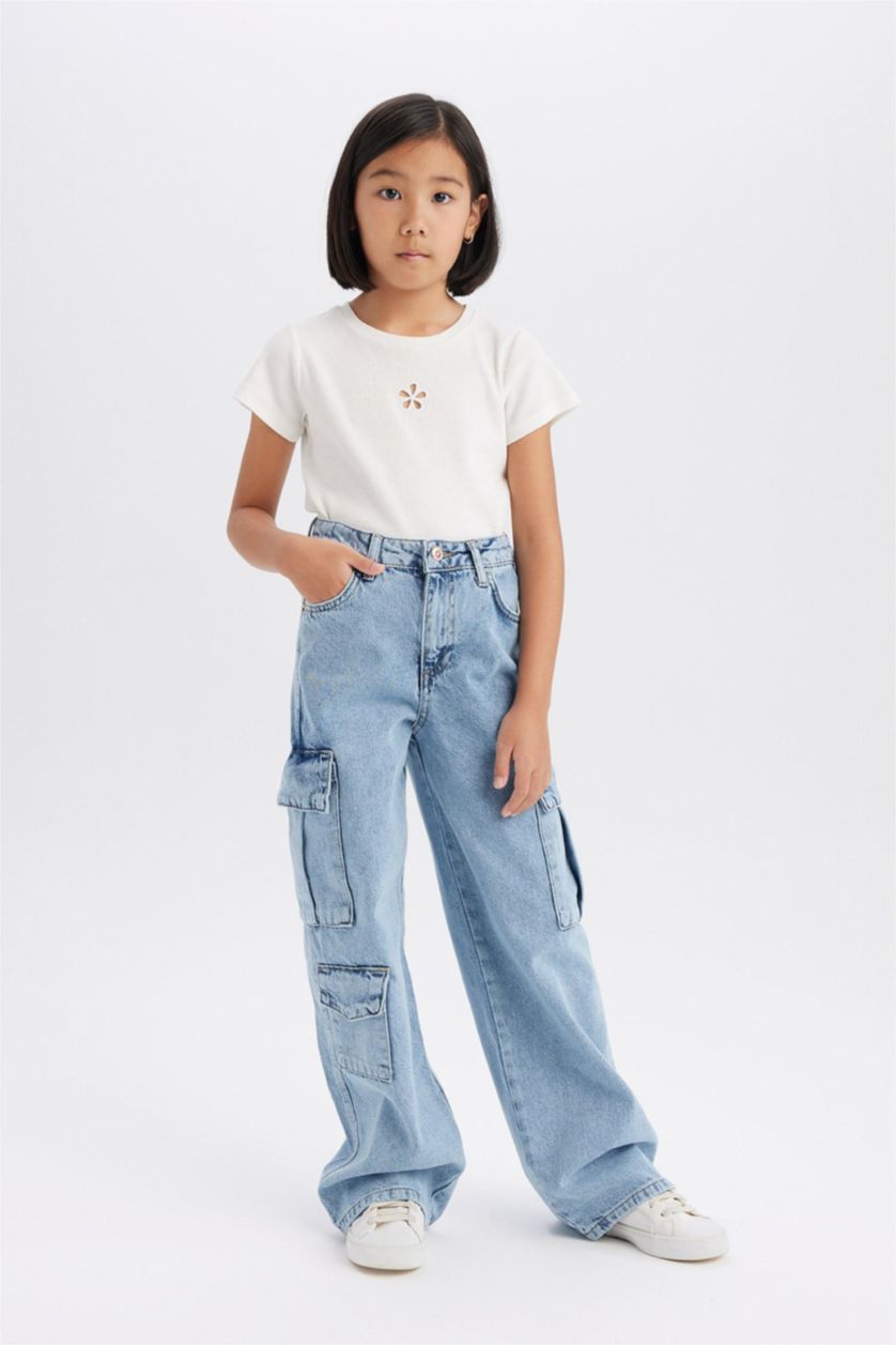 Girls & Teens Light Blue Girl Cargo Wide Leg Cotton Jeans