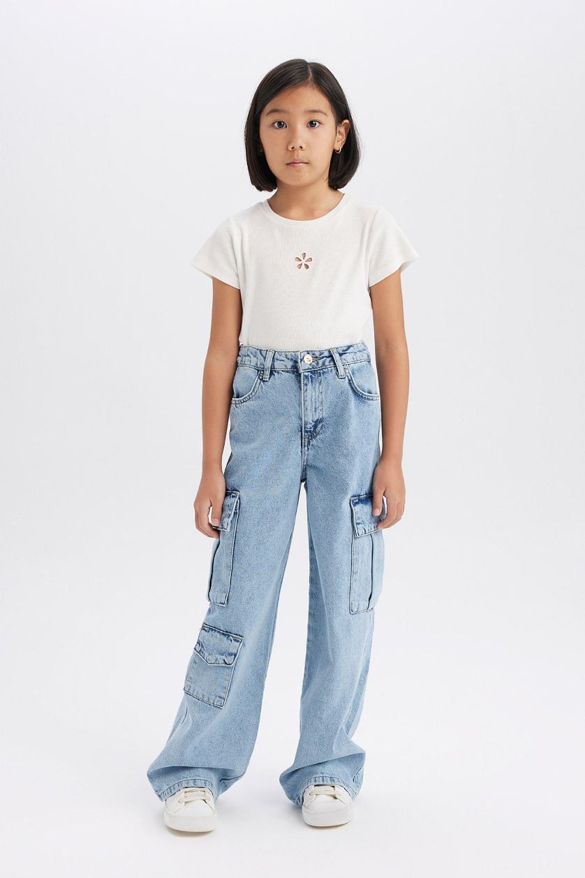 Girls & Teens Light Blue Girl Cargo Wide Leg Cotton Jeans