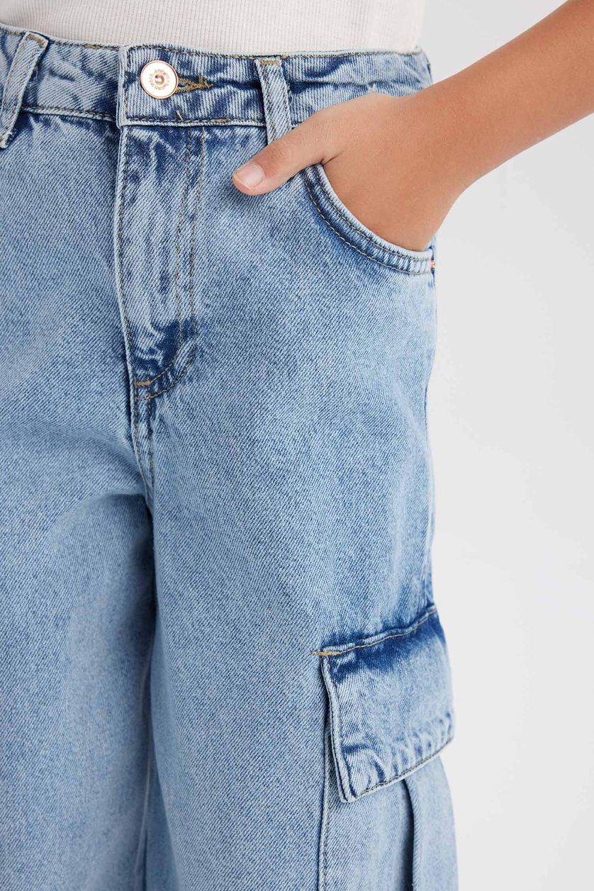 Girls & Teens Light Blue Girl Cargo Wide Leg Cotton Jeans