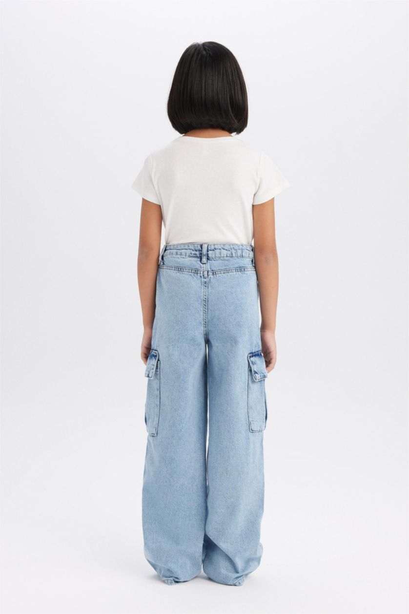 Girls & Teens Light Blue Girl Cargo Wide Leg Cotton Jeans