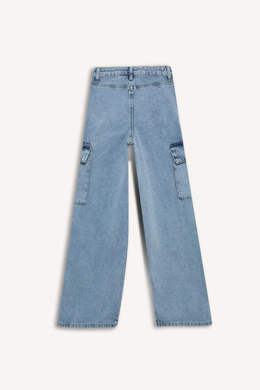 Girls & Teens Light Blue Girl Cargo Wide Leg Cotton Jeans