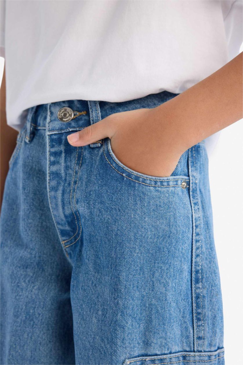 Kız Çocuk - Genç Kız Açık Mavi Wide Leg Kargo Geniş Bol Paça Jean Pantolon Kız Çocuk