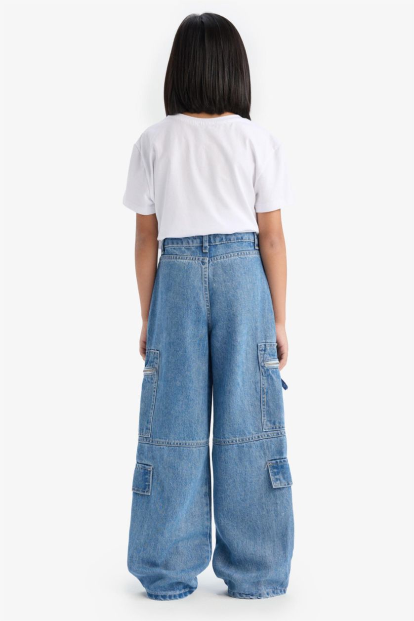 Kız Çocuk - Genç Kız Açık Mavi Wide Leg Kargo Geniş Bol Paça Jean Pantolon Kız Çocuk