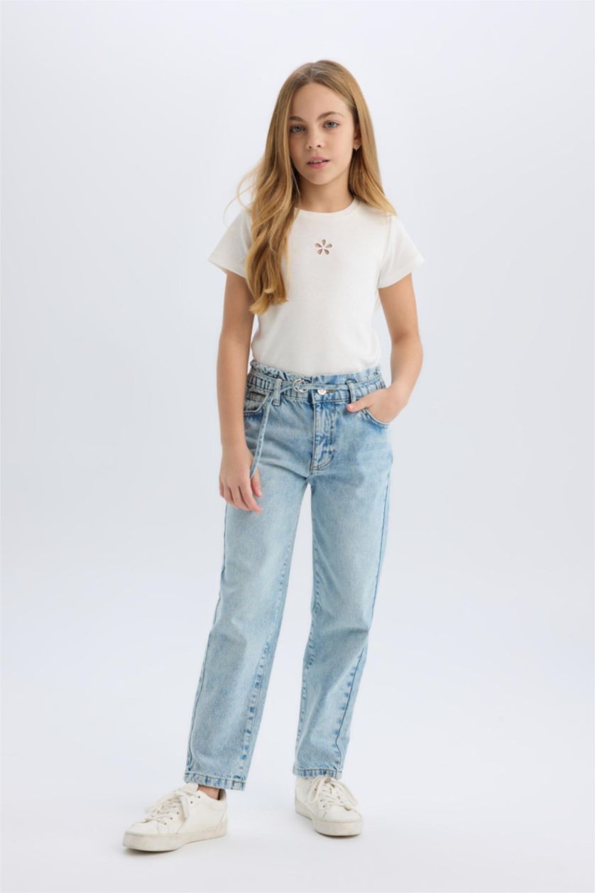 FILLES Bleu Pantalon Jean taille haute à coupe paperbag pour fille