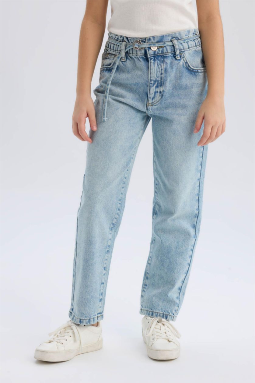 FILLES Bleu Pantalon Jean taille haute à coupe paperbag pour fille