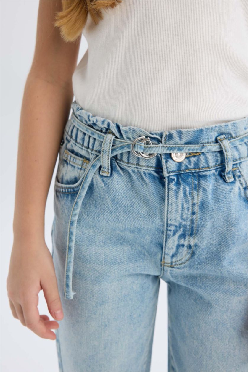 FILLES Bleu Pantalon Jean taille haute à coupe paperbag pour fille