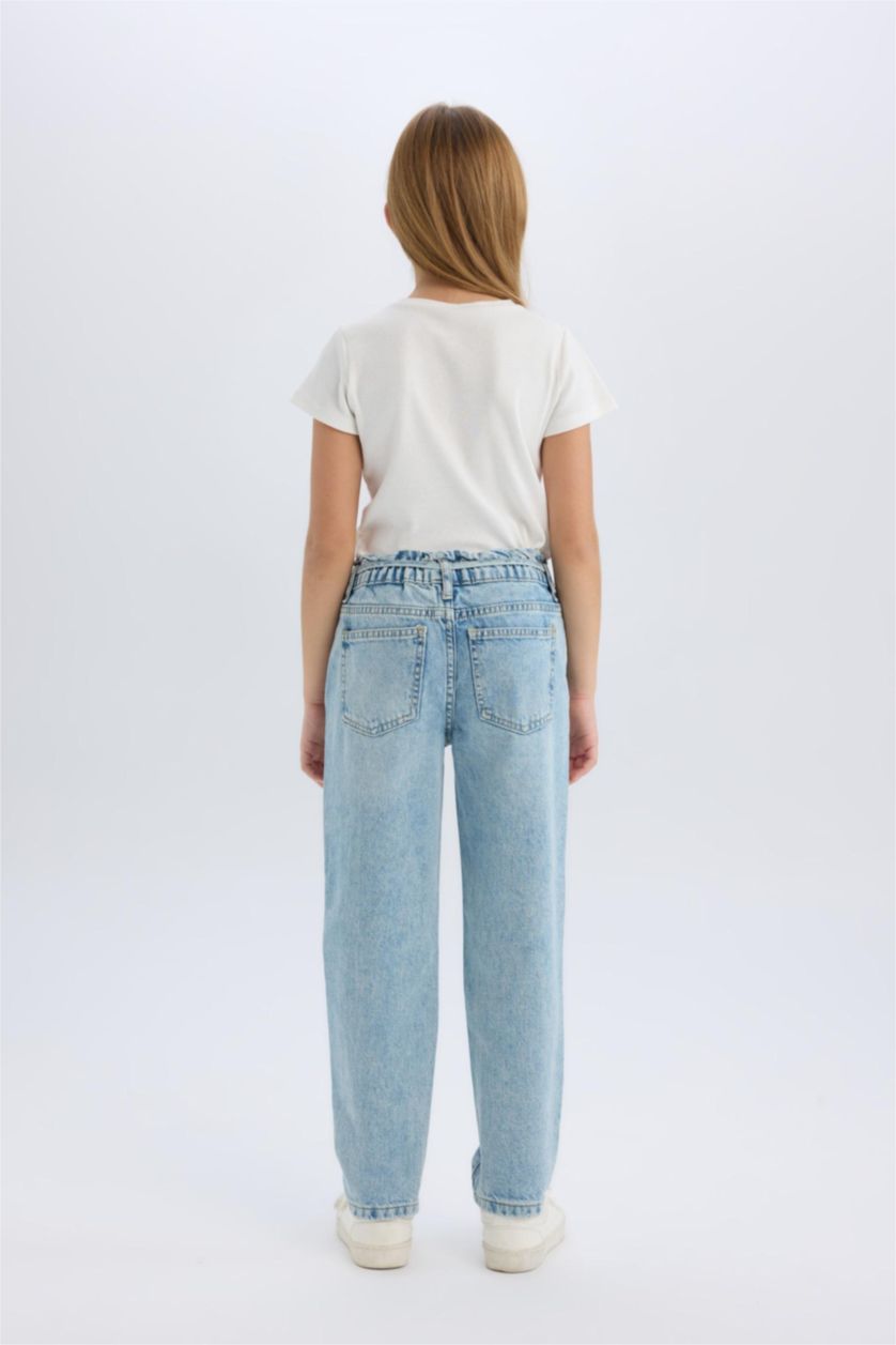 FILLES Bleu Pantalon Jean taille haute à coupe paperbag pour fille