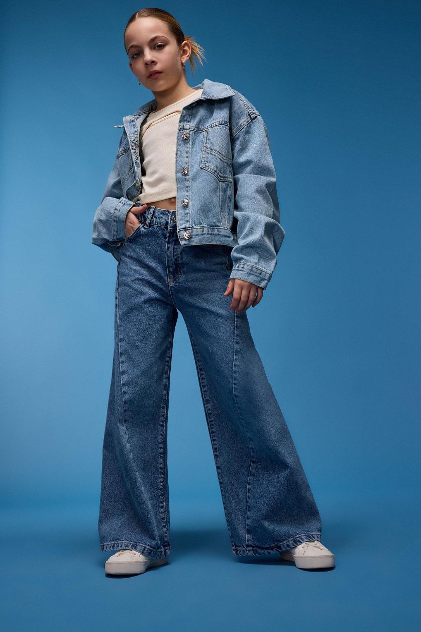 Kız Çocuk - Genç Kız Mavi Wide Leg Geniş Bol Paça Jean Pantolon Kız Çocuk