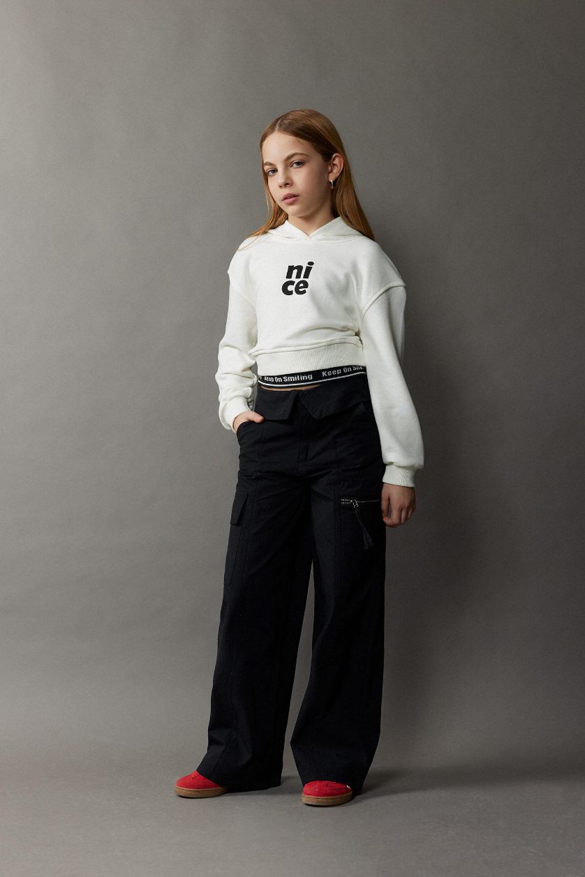 Kız Çocuk - Genç Kız Siyah Wide Leg Kargo Geniş Paça Pamuklu Pantolon Kız Çocuk