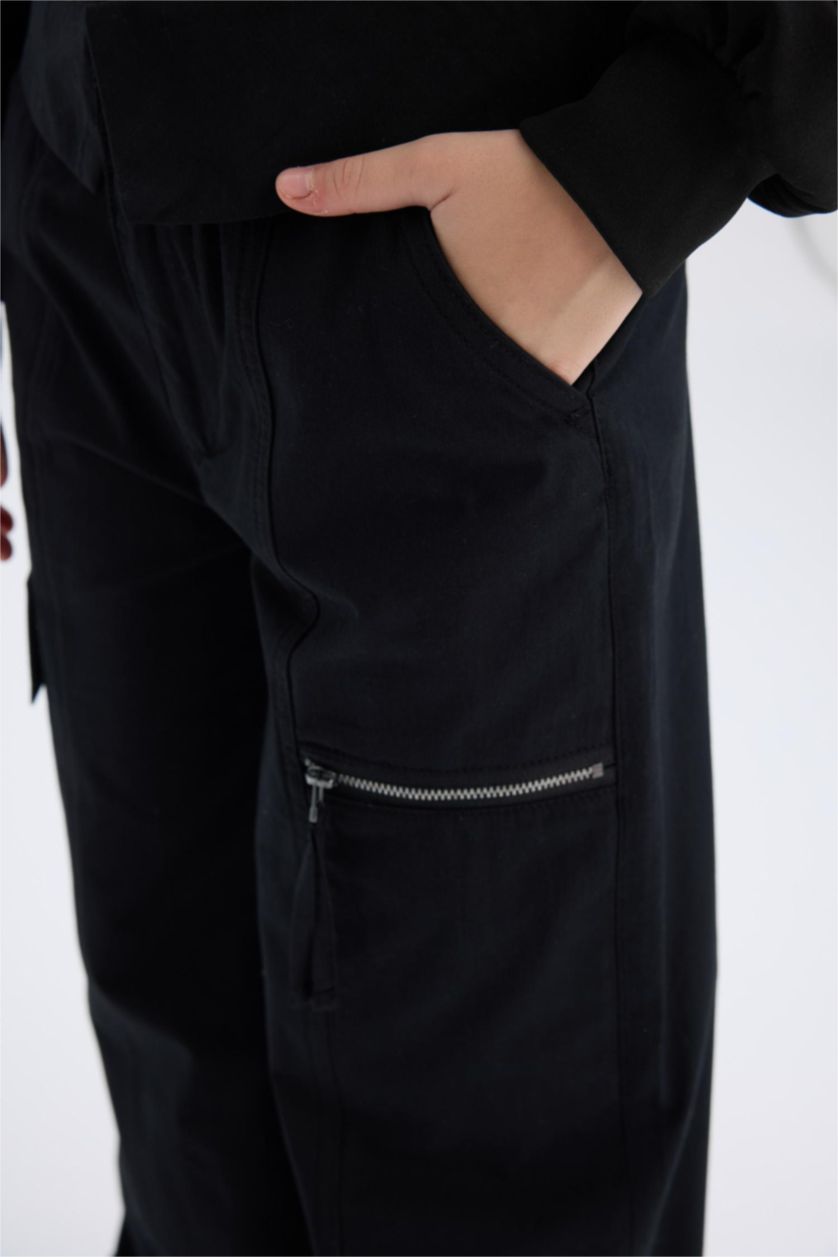 Kız Çocuk - Genç Kız Siyah Wide Leg Kargo Geniş Paça Pamuklu Pantolon Kız Çocuk