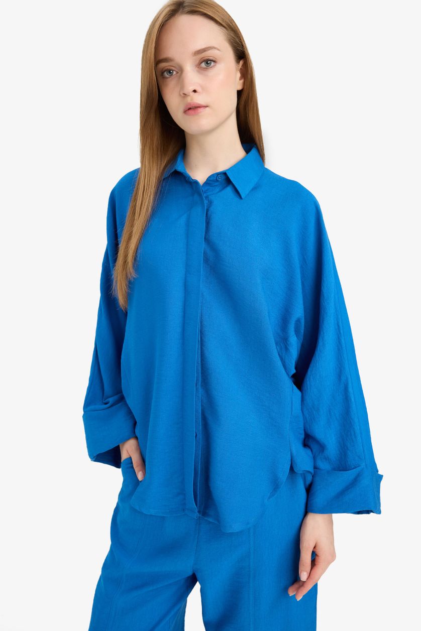 Kadın Royal Relax Fit Basic Düz Keten Karışımlı Uzun Kollu Tesettür Gömlek Tunik	