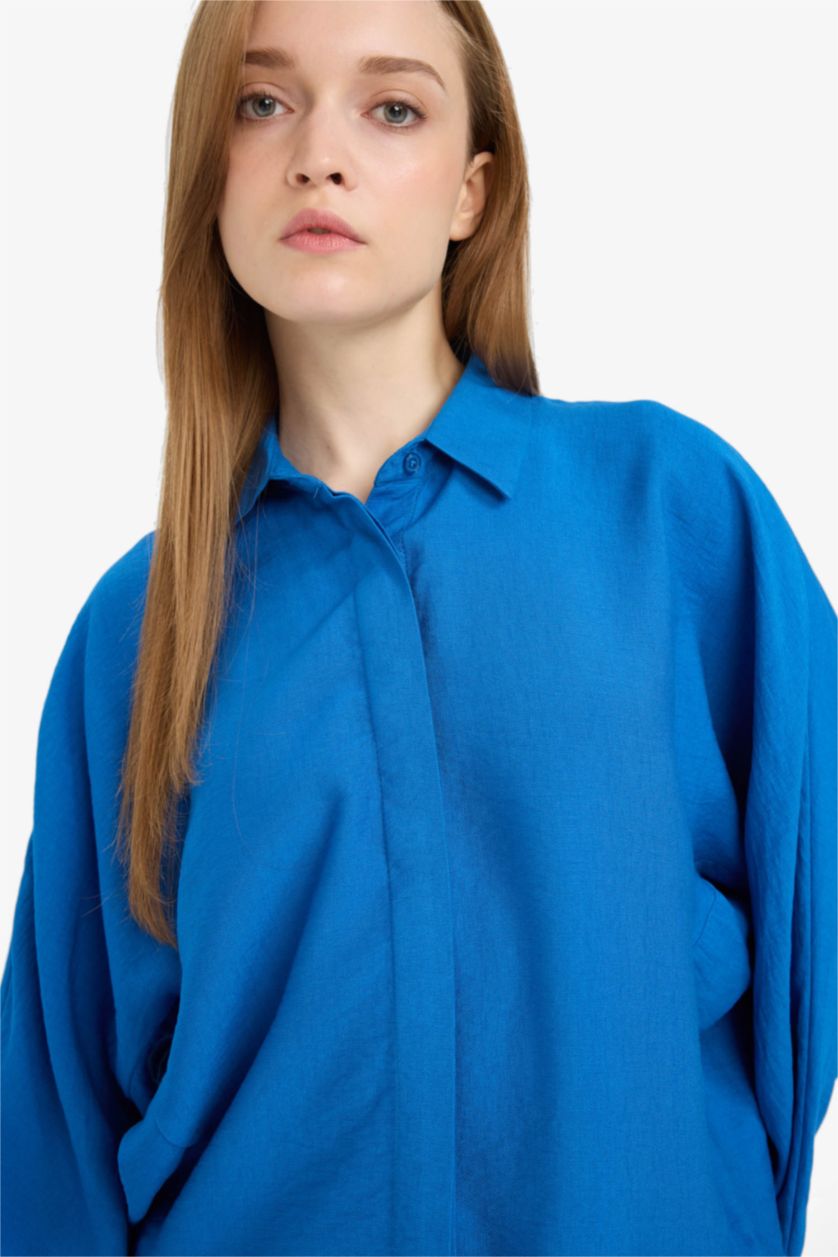 Kadın Royal Relax Fit Basic Düz Keten Karışımlı Uzun Kollu Tesettür Gömlek Tunik	