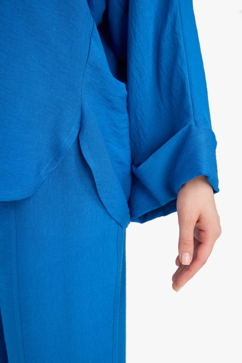 Kadın Royal Relax Fit Basic Düz Keten Karışımlı Uzun Kollu Tesettür Gömlek Tunik	