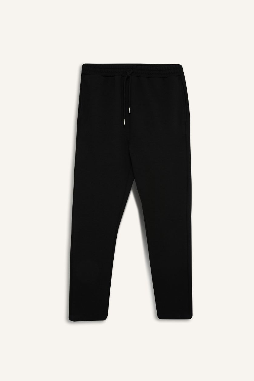 Erkek Siyah Siyah Eşofman Altı Çapraz Dokuma Slim Fit Dar Kesim Beli Bağcıklı Cepli Düz Paça
