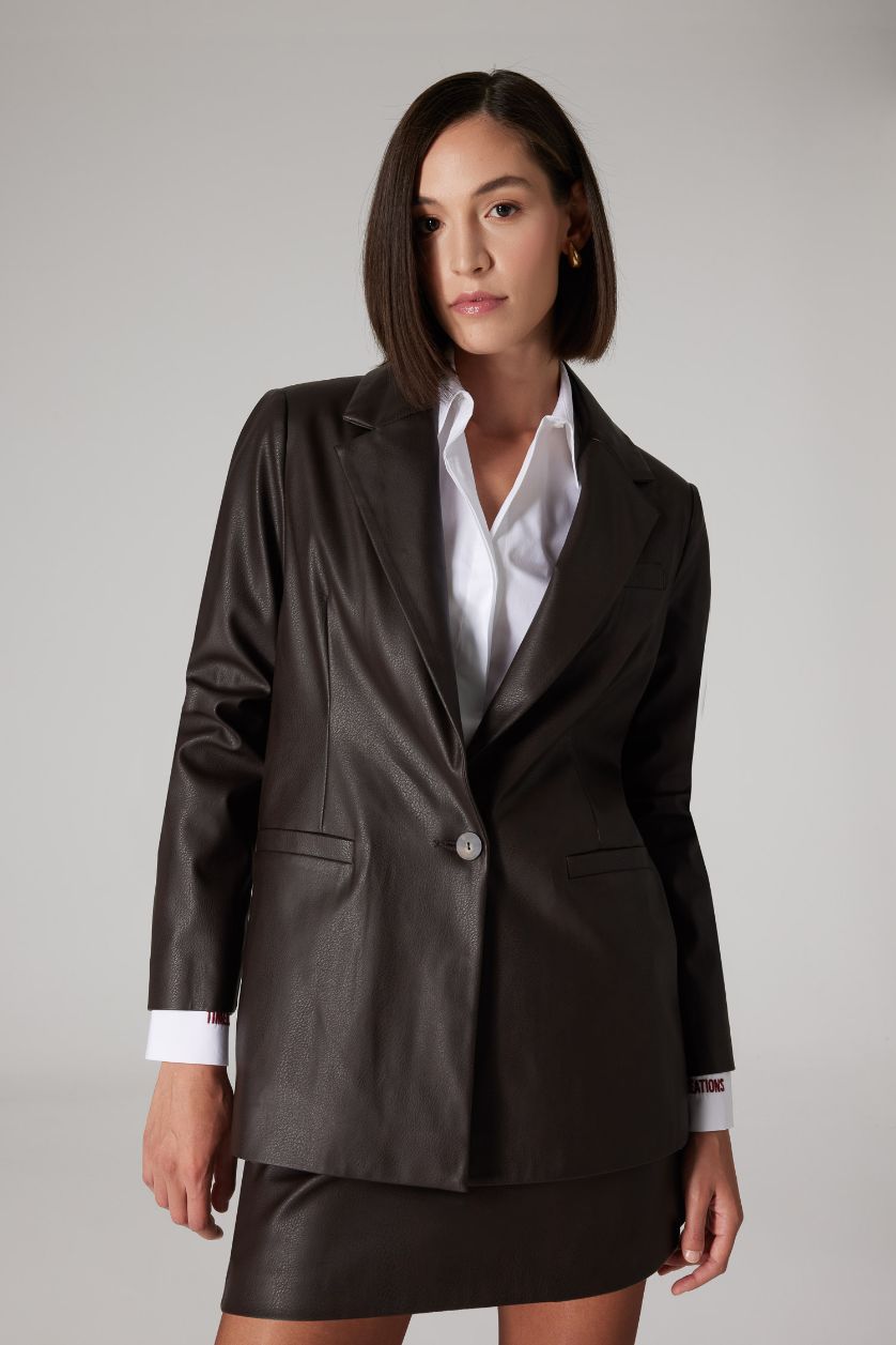Kadın Koyu Kahve Sorbe x DeFacto Oversize Geniş Kalıp Ceket Yaka Suni Deri Düğmeli Blazer Ceket