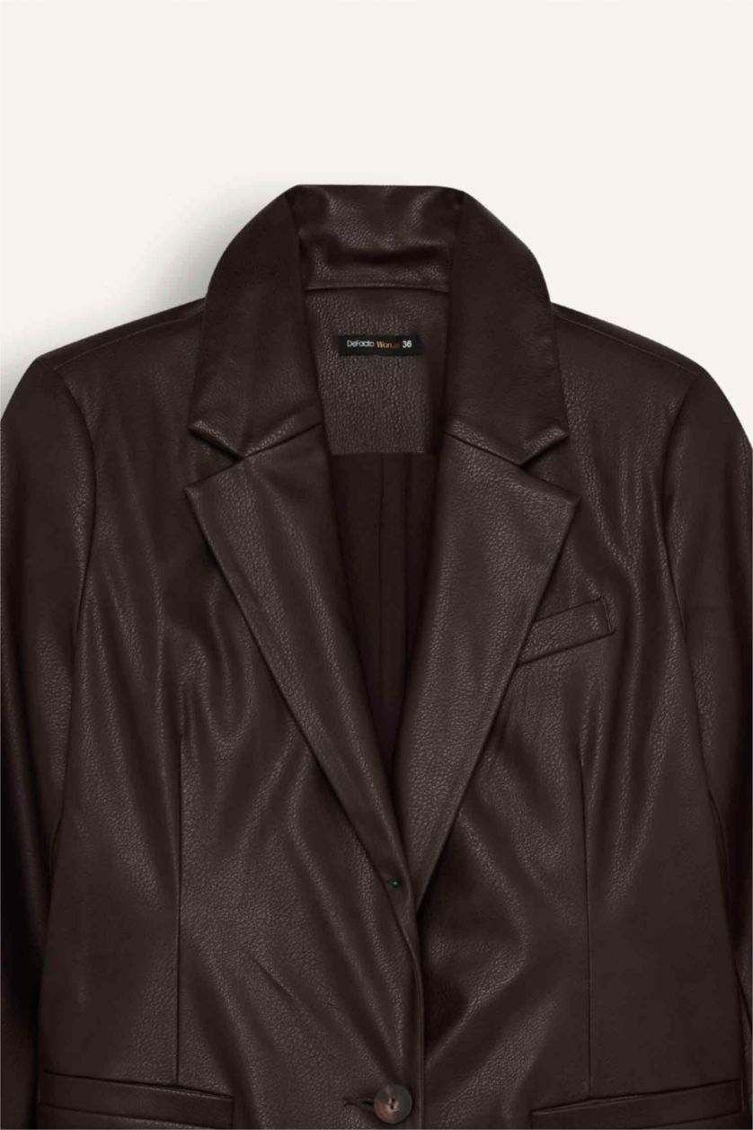 Kadın Koyu Kahve Sorbe x DeFacto Oversize Geniş Kalıp Ceket Yaka Suni Deri Düğmeli Blazer Ceket