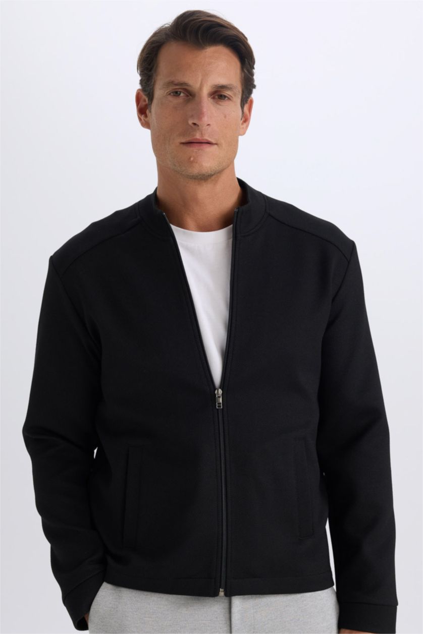 MAN Black Slim Fit College Collar Seasonal Zippered Bomber Jacket