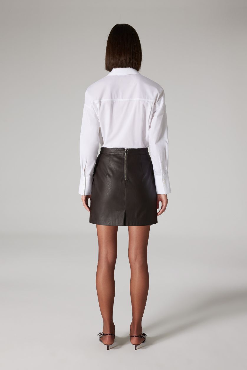 نساء بني غامق تنورة قصيرة جلد صناعي قصة A بخصر عالي