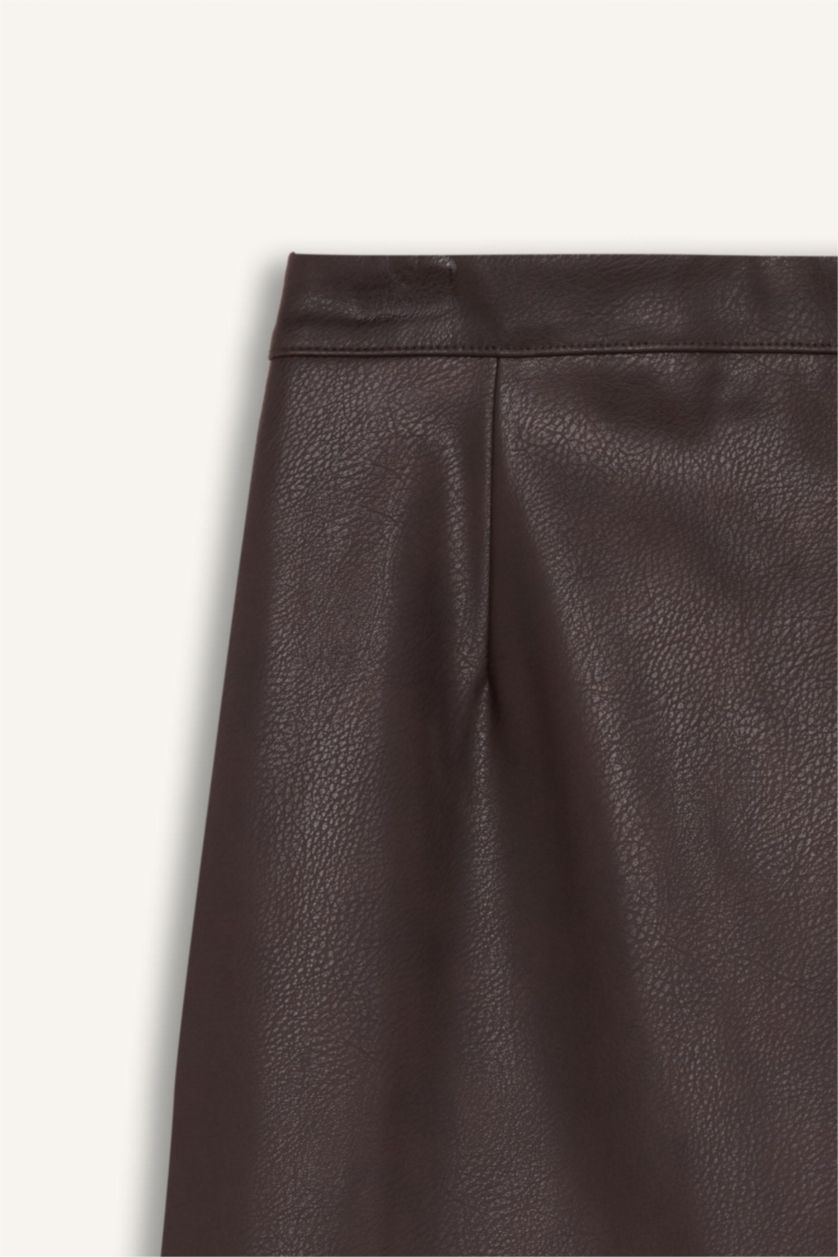 نساء بني غامق تنورة قصيرة جلد صناعي قصة A بخصر عالي