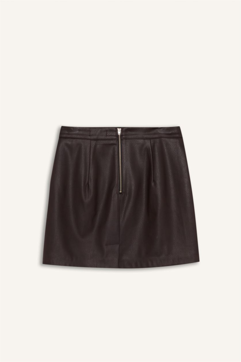 نساء بني غامق تنورة قصيرة جلد صناعي قصة A بخصر عالي