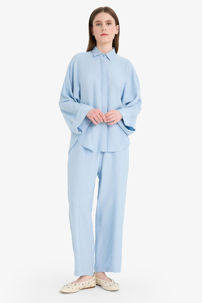 حريمي أزرق فاتح بنطلون برجل واسع قصة عادية من مزيج الكتان