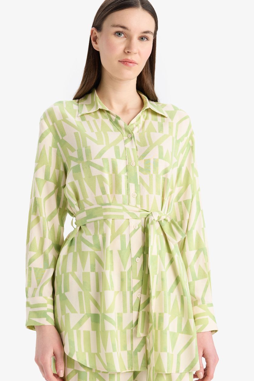 Woman Light Green Relax Fit Viscose Printed Long Sleeve Tunic